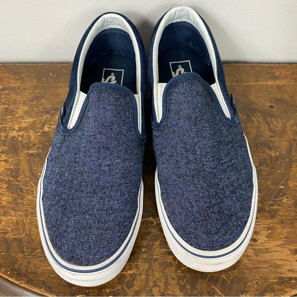 Vans Dark Blue Navy Denim and Suede Classic Slip On Sneakers Skate Shoes